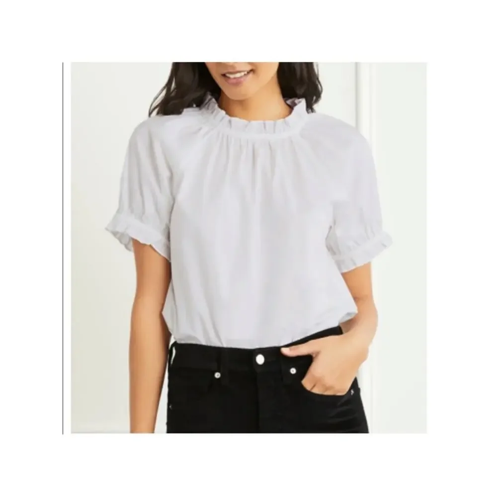 Hill House The Kit Ruffled Neck Short Sleeve Blouse White size medium